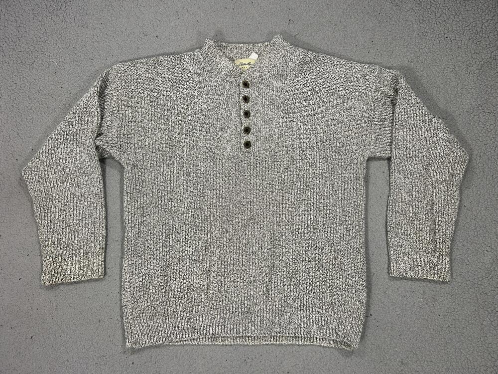 Vintage Eddie Bauer Sweater Mens Medium Gray Mock Neck Henley USA Knit Chunky